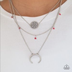 Three Tiered necklace with Moon and pink stones